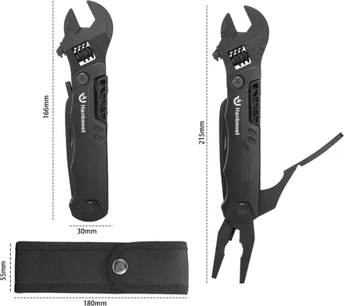 Vista 2 de Hanboost Llave multiherramienta 19 en 1 multiusos para equipo de campamento, tamaño de bolsillo, llave ajustable con alicates, cortador de alambre
