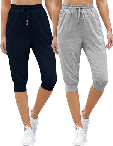 Vista 2 de Syhood Paquete de 2 pantalones deportivos capri para mujer, con cordón, pantalones capri casuales recortados con bolsillos