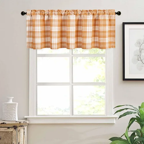 Vista 13 de VOGOL Cenefa de cuadros marrón con textura de lino para dormitorio, sala de estar, diseño de bolsillo para barra, fácil de colgar, 52 x 12 pulgadas