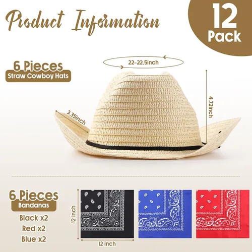 Vista 2 de Unittype Juego de 6 sombreros de vaquero de paja con bandanas, paquete de accesorios de fiesta de vaquero, disfraz clásico de sombrero de vaquero