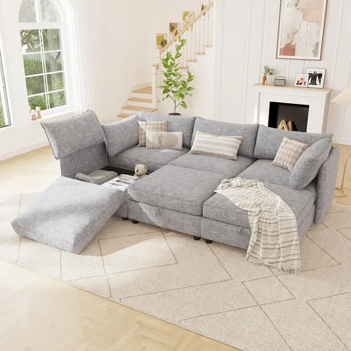 Vista 17 de 95.5" Sofá seccional modular de chenilla con almacenamiento oculto, sofá cama convertible en forma de L y U, sofá seccional moderno de 6 plazas