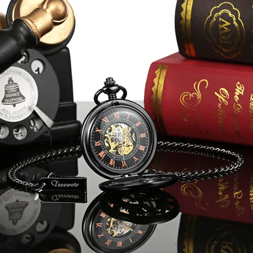 Vista 5 de Reloj de bolsillo mecánico de esqueleto para hombre, diseño de dragón fénix, caja negra con cadena + caja de regalo para hombre, Negro -, Mecánico