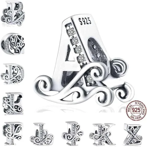 Vista 6 de BEEUVIP Dijes de plata de ley 925 para pulseras Pandora, cuentas iniciales del alfabeto, regalo de joyería para mujeres