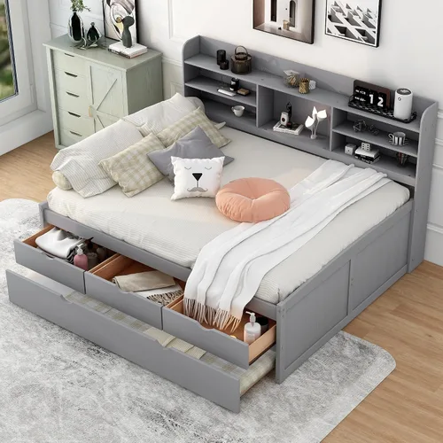 Vista 4 de Cama capitán de tamaño matrimonial con marco de cama Tundle Day con 3 cajones y estanterías integradas de madera maciza, sofá cama de capitán