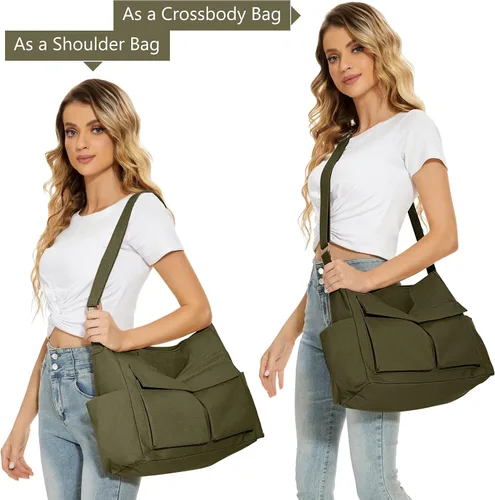 Vista 2 de KALIDI - Bolsa de lona con bolsillos, bolso bandolera grande para mujeres, hombres, universidad, trabajo, viajes, casual