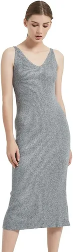 Vista 2 de RZIV Vestido de suéter sin mangas para mujer, de punto, delgado, con cuello en V, ajustado, elástico, ajustado