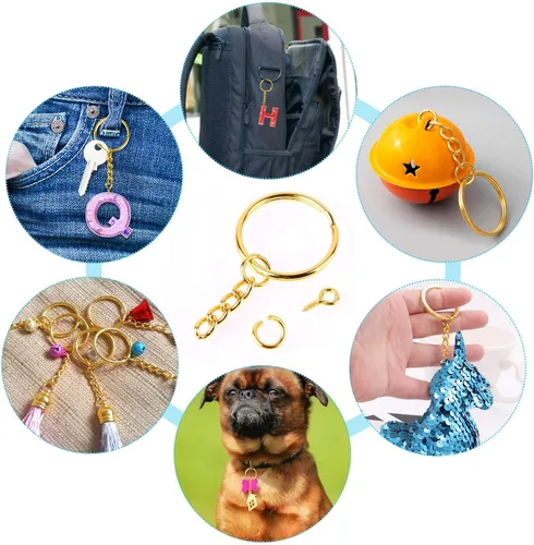 Vista 2 de PAXCOO - Kit de anillos para manualidades dorados, incluye 100 llaveros divididos con cadena, 100 anillos de salto y 100 pines de ojo de tornillo