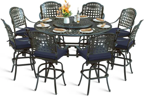 Vista 29 de Juego de barra para exteriores de 10 piezas, muebles de bar de aluminio fundido para todo tipo de clima con 8 taburetes de bar giratorios Bronce