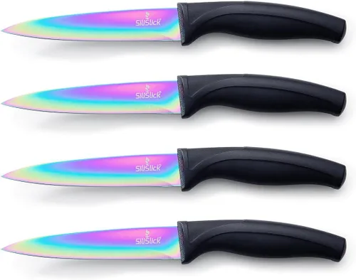 Vista 16 de SiliSlick Juego de cuchillos para carne de acero inoxidable, cuchillos de cocina coloridos con revestimiento de titanio con borde recto, suave