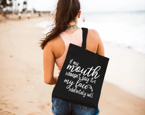 Vista 5 de Bolsa de lona para mujer, bolsas de comestibles reutilizables, refranes divertidos If My Mouth Donot Say It May Face Definiitely Will