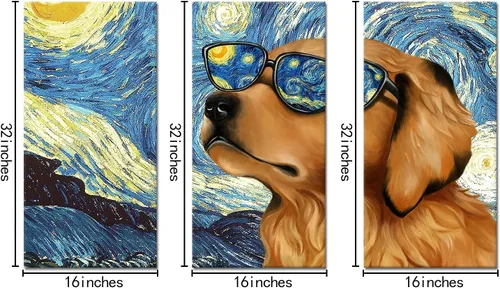 Vista 5 de Kaloremore Van Gogh Starry Night in Cool Dog Golden Retriever - Pintura de gafas de sol Giclée impresiones en lienzo envuelto en galería, 3 piezas