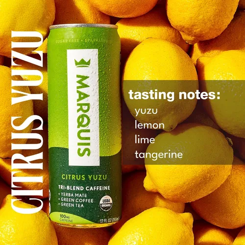 Vista 3 de Marquis - Bebida energética natural - Citrus Yuzu - Sin azúcar - 0 calorías - 100 mg de cafeína orgánica a base de plantas - Yerba Mate - Té verde