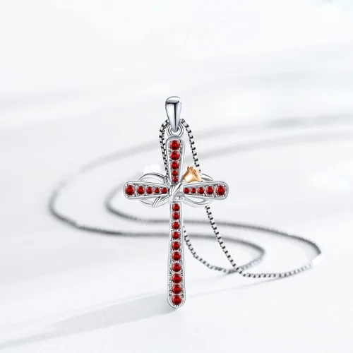 Vista 3 de Collar de cruz para mujer, collar con dije de piedra natal de plata de ley, collar de cruz de infinito con flor de rosa, joyería religiosa