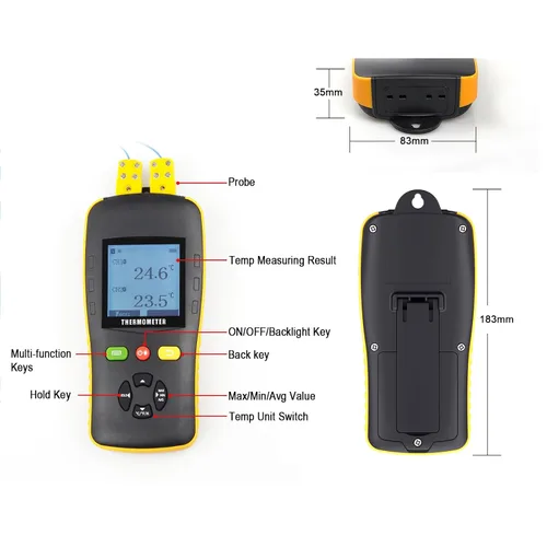 Vista 6 de Tzone Termómetro de datos de termopar tipo K/T/J Termómetro de doble sonda de mano dual channel temp recorder usb,digital,61440 recordings,auto
