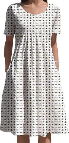 Vista 8 de Vestidos bohemios para mujer, estampado floral, manga corta, cuello redondo, talla grande, vestido de vacaciones con bolsillos para verano 2025
