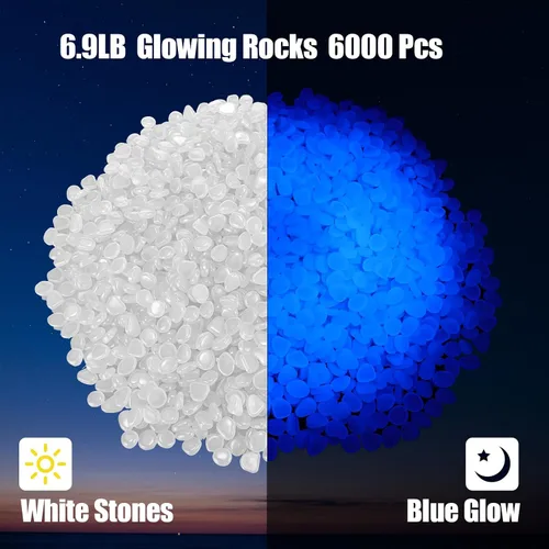 Vista 3 de Sasylvia 6000 piezas de rocas que brillan en la oscuridad que brillan en la oscuridad, piedras brillantes para jardín, al aire libre, pecera, Blanco