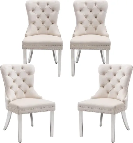 Vista 30 de Juego de 2 sillas de comedor de terciopelo beige, elegantes capitoné