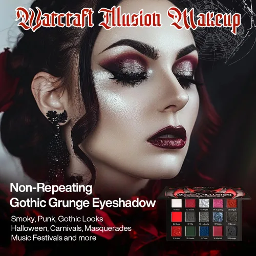 Vista 2 de Paleta de sombras de ojos roja y negra, maquillaje gótico rojo de Halloween Paleta de sombras de ojos negra con brillo plateado y purpurina, crema