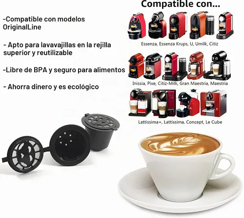 Vista 2 de Cápsulas reutilizables para Nespresso, 6 unidades, recipientes rellenables para máquinas Nespresso (compatibles con OriginalLine)
