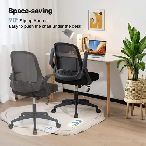Vista 4 de Giantex Silla ergonómica de malla con respaldo medio para computadora, soporte lumbar, reposabrazos abatibles, silla giratoria de altura ajustable