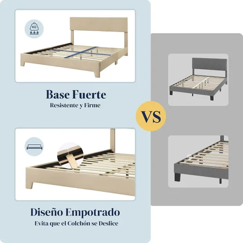 Vista 4 de Allewie Base de cama tamaño matrimonial con cabecera ajustable, cama tapizada con plataforma y listones de madera, base de colchón resistente,