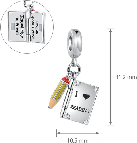 Vista 4 de Abalorio de libro con texto en inglés "I Love Reading" compatible con pulseras Pandora para mujeres y niñas