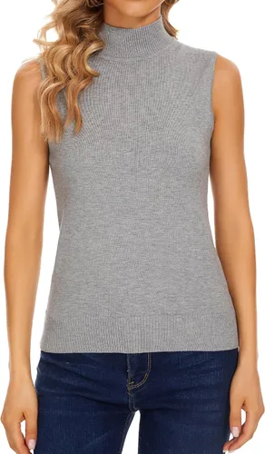 Vista 4 de Biffxeu Camisetas de punto sin mangas con cuello alto falso para mujer, suéter suave y ajustado, sin mangas, tops básicos