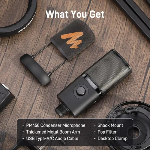 Vista 7 de MAONO Micrófono de condensador USB con soporte de choque, brazo de brazo, software, silencio, perilla de ganancia, control de volumen