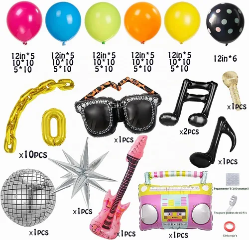 Vista 2 de Decoraciones de fiesta temática de discoteca de los años 90 y 80, kit de arco de globos de 151 piezas con bola de discoteca, gafas retro, nota