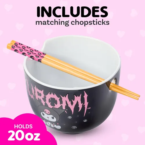 Vista 124 de Silver Buffalo Hello Kitty y sus amigos Chococat - Tazón de cerámica para ramen y arroz con palillos, patrón a cuadros, apto para microondas, 20