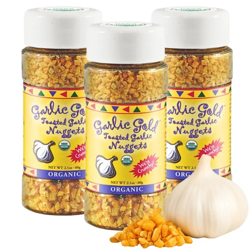 Vista 9 de Garlic Gold Nuggets tostados, condimento crujiente de ajo tostado, certificado por USDA, orgánico para ensalada, apto para dieta keto paleo