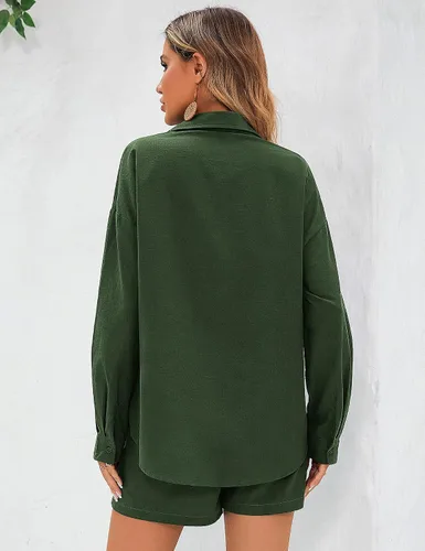 Vista 5 de Zeagoo Conjunto de 2 piezas para mujer, conjunto de ropa de descanso de algodón y lino, camisa de manga larga con cuello en V y pantalones cortos