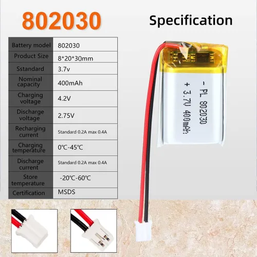 Vista 4 de 3.7V 400mAh 802030 Lipo paquete de iones recargable con PH2.0.000 in JST conector 1pcs