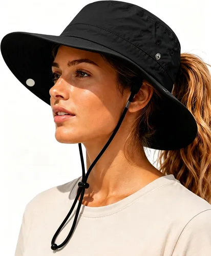 Vista 10 de Sombrero de sol para mujer con agujero para cola de caballo, ala ancha, UPF 50+, impermeable, plegable, con correa para la barbilla, para Blanco
