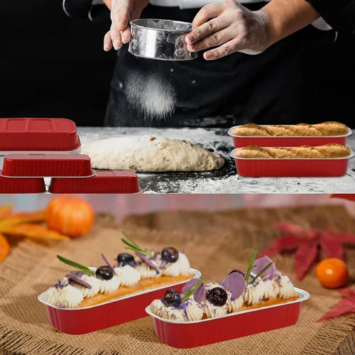 Vista 7 de Mini Moldes para Pasteles con Tapas, 50PCS Moldes Rectangulares Desechables de 6.8OZ Ramekins Forros para Cupcakes con Tapas Moldes para Pan Mini