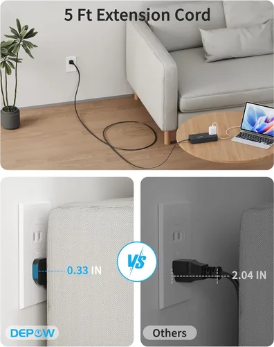Vista 4 de DEPOW Regleta de alimentación negra de 2 puntas, adaptador de salida de 2 a 3 clavijas con 8 puertos de CA y 4 puertos USB (2 USB C), cable