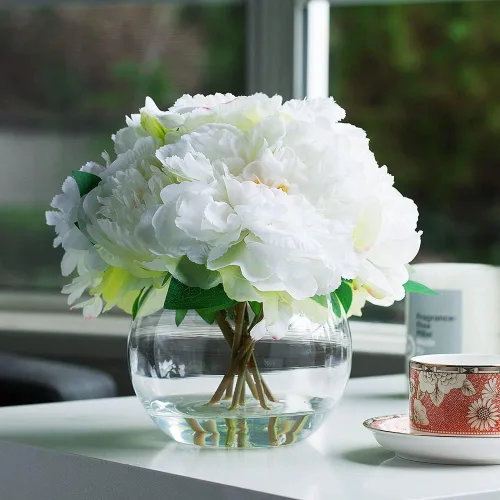 Vista 2 de ENOVA FLORAL Flor de peonía artificial con jarrón, arreglo de flores falsas, peonía sintética en jarrón de vidrio para decoración de cocina, oficina