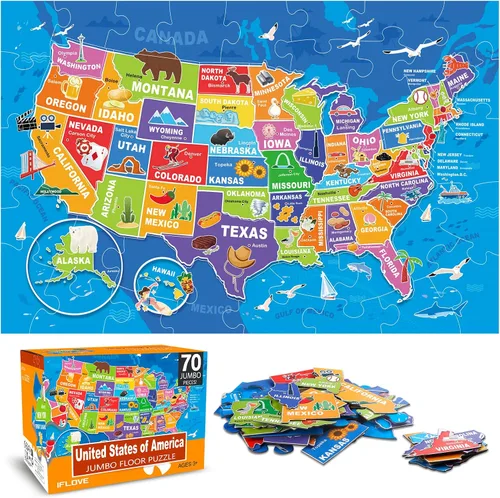 Vista 2 de Rompecabezas de suelo jumbo para niños, rompecabezas de mapa de EE. UU., rompecabezas grandes de 48 piezas de 3 a 6 años para niños pequeños