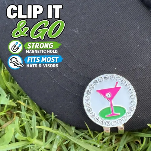 Vista 2 de Giggle Golf Happy Hour Bling Golf Ball Marker with Hat Clip. Hoyo 19