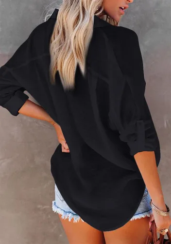 Vista 3 de MAYRAIN Camisa de manga larga con botones y cuello de solapa para mujer, camisa casual de verano con bolsillos