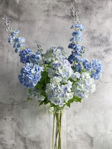 Vista 4 de YalzoneMet Bola de nieve artificial Viburnum 4 piezas de 26.8 pulgadas de color azul graduado, hortensias pequeñas, 2 cabezales, de látex natural