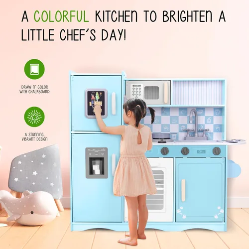Vista 8 de Juego de cocina infantil Lil' Jumbl, cocina de madera de simulación con pizarra, teléfono de juego, toallero y dispensador de hielo, perillas