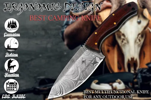 Vista 3 de Cuchillo de Acero de Damasco con Funda de Cuero – Cuchillo de Hoja Fija de Espiga Completa de 7.5" con Mango de Madera de Palisandro de 4