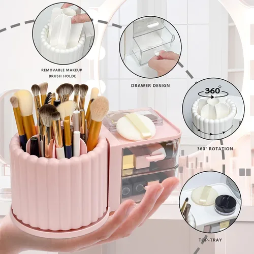 Vista 3 de Organizador de Maquillaje para Encimera, Soporte Giratorio 360° para Brochas de Maquillaje con 2 Cajones, Pequeño Organizador Preppy 9.25x5.11