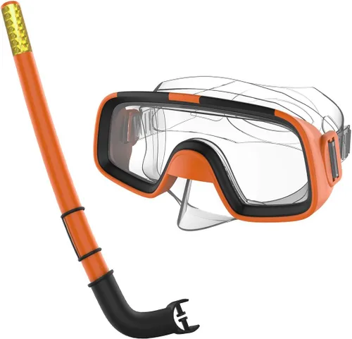Vista 4 de Niños Niños Natación Buceo Snorkel Respiración Tubo Aletas Buceo Juego de lentes, Naranja