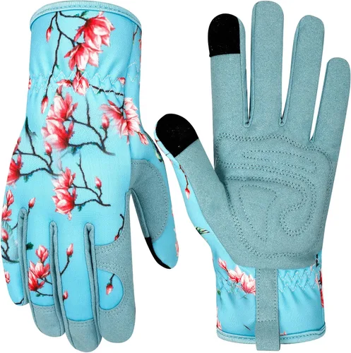 Vista 9 de Guantes de jardinería de cuero para mujer, guantes de jardín a prueba de espinas, diseño de pantalla táctil, guantes de trabajo resistentes