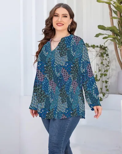 Vista 4 de AMCLOS Camisetas de talla grande para mujer, cuello en V, estilo casual, suave, fluido, manga larga con botones