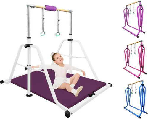 Vista 10 de Foldable Gymnastics Kip Bar with Rings & Bar Pad, 3 FT–5 FT Adjustable Horizontal Bar for Kids, 7-Level Height, 300 LBS Weight Capacity, Indoor Home