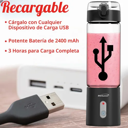Vista 2 de Brentwood Licuadora portátil de vidrio cargable por USB con batería de 50 vatios y 17 onzas (negro)