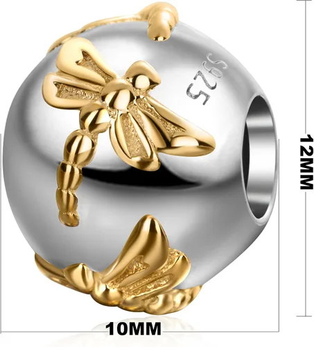 Vista 2 de SOUKISS Encantos de libélula chapados en oro sólido 925 encanto redondo animal para pulsera europea